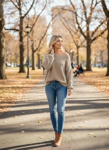 Image of MARZXIN Women's 2026 Fall Long Sleeve Sweaters Casual Loose Striped Off Shoulder Casual Oversized Knitted Sweater Pullovers