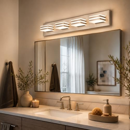 Image of 4-Light Brushed Nickel Bathroom Vanity Light, 27 Inch 32W 5CCT Dimmable LED Wall Fixture, Hardwired Over Mirror Lighting with Clear Acrylic Shade for Bathroom Remodel