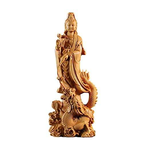 風水 龍上観音 観音像 龍乗観音 龍観音 木彫り 仏壇仏像 祈る 厄除け 高級天然ツゲ木彫り 観音菩薩立像 観音像彫刻 ツゲ 龍神 騎龍観音 菩薩像 仏像 置物 開運 守護 インテリア グッズ アイテム 木彫仏像 (高さ17cm×巾6cm×奥行5.2cm)