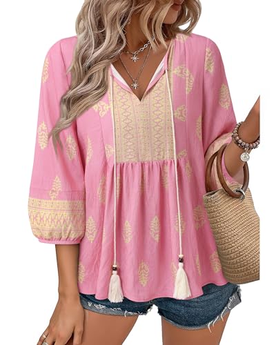 Image of Vivilli Womens Summer Boho Babydoll Tops 3 /4 Sleeve Pleated Peplum Blouses Casual V Neck Tie Front 2026 Tunic Tops