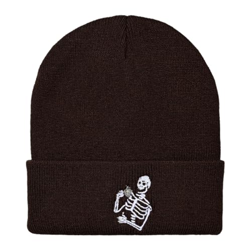 Image of Embroidered Skeleton Beanie Hat Winter Stretch Knit Skull Cap for Men Women