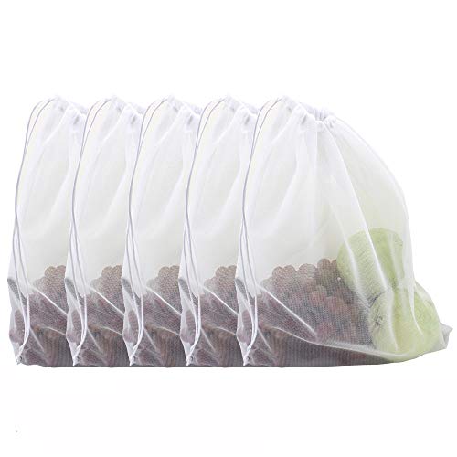 HAZOULEN Set of 5 Strong Washable Fine Mesh Reusable Produce Bags - Fit for Shopping and Storage