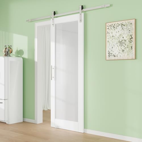 Image of 24 inch x 80 inch 1-Lite Mirror Barn Door Interior with Trimmable 72 inch Track Kit, Solid MDF Sliding Barn Doors for Closet Bathroom Bedroom, Easy to Clean & Multi-Style Compatible, Nickel-Plated Hardware Kit
