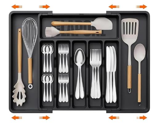 Image of Expandable Kitchen Drawer Organizer, 8-Slot BPA-Free Plastic Utensil Tray, Adjustable Flatware and Cutlery Holder for Spoons, Forks, and Knives, Kitchen Storage and Organization, Black