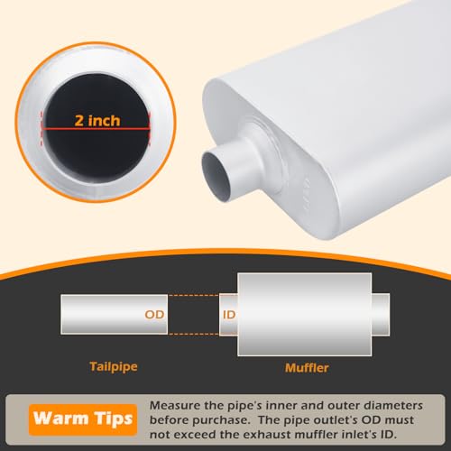 Image of A-KARCK Universal Exhaust Muffler 2 inch Center Inlet 2 inch Center Outlet, 17.3 inch Overall Length Aluminized Steel Aggressive Sound Race Muffler for Cars, Trucks