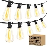 120FT Outdoor String Lights with 60+3 LED Edison Bulbs Dimmable, Waterproof Exterior Patio Lights, Connectable Shatterproof ST38 Hanging Lights for Backyard Garden Balcony Party, Warm White 2700K