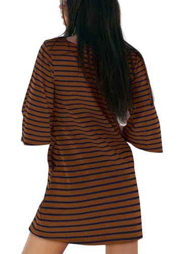 Image of Yousify Women's T Shirt Dress Cotton Summer Dresses 2026 Casual Loose Short Sleeve Striped Mini Dress with Pockets