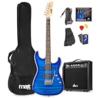 Complete Beginner Guitar Set: This stylish quilt-top electric guitar package includes everything beginners or improving players need, with a full-size guitar, amplifier and essential accessories. Stunning Quilted Blue Finish: Crafted from durable bas...