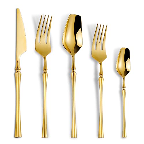 Lemeya 20-Piece Gold Silverware Set for 4,Modern 18/10 Stainless Steel Flatware Set,Unique Rustic Cutlery Utensils Set,Spoon and Fork Set for Home, Restaurant,Wedding,Mirror Polished,Dishwasher Safe