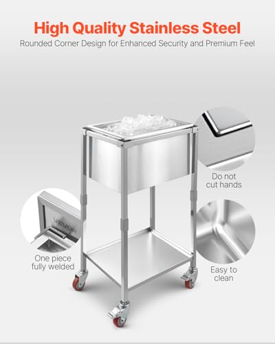 Image of VEVOR Commercial Ice Bin, Underbar Ice Bin, Stainless Steel Ice Chest with Sliding Lid, Bottle Holders, Adjustable Bullet Feet, Cooler Cart Cocktail Unit for Bar Restaurant Pub