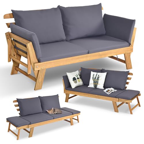 COSTWAY Canapé Lit de Jardin Convertible 2 Places en Bois d’Acacia avec Coussin, Canapé de Jardin 2 en 1 avec Accoudoir Réglable Charge 320KG, pour Patio Piscine...