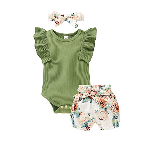 Image of Tiny Cutey Baby Girl Clothes Infant Summer Outfits Set Ruffle Sleeve Romper and Floral Shorts with Headband