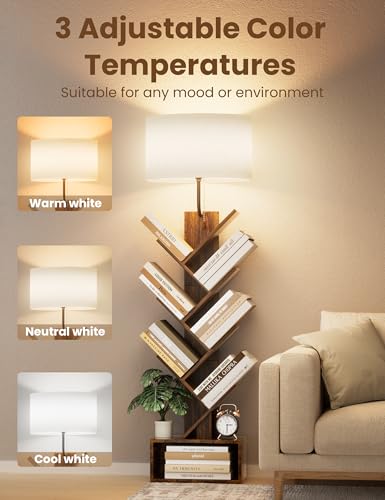 6 Tier Tree Bookshelf with Light, Corner Tall Narrow Bookshelf, Small Bookcase with Storage Cabinet,Floor Standing Bookshelves Organizer for Bedroom/Living Room/Home Office, Rustic Brown - Image 4
