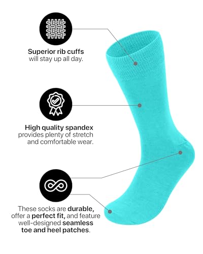 Feraricci 6 pairs of White Solid Color Polyester Socks for Men, Casual and Formal Attire Mid Rise Men’s Crew Socks - Turquoise 6 Pairs2