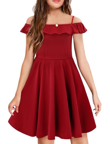 Yoklass Girls Summer Dress Flutter Sleeve Stretchy A Line Swing Flared Red Skater Dresses 12-13 Years