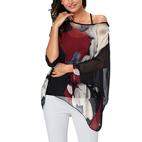 Image of Ckikiou Plus Size Batwing Flowy Semi Sheer Chiffon Blouse Tunic for Women Summer Floral Print Boho Beach Cover ups
