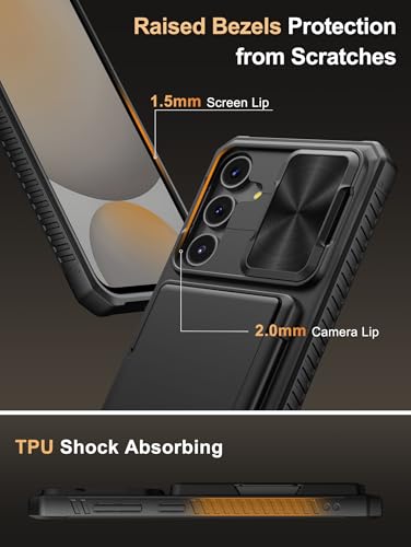 Vihibii for Samsung Galaxy S24 FE Case with Card Holder (4 Cards) & Slide Camera Cover & Kickstand, Shockproof Rugged Hard Back & TPU Soft Edge Wallet Case for Galaxy S24 FE 5G 6.7" 2024, Black