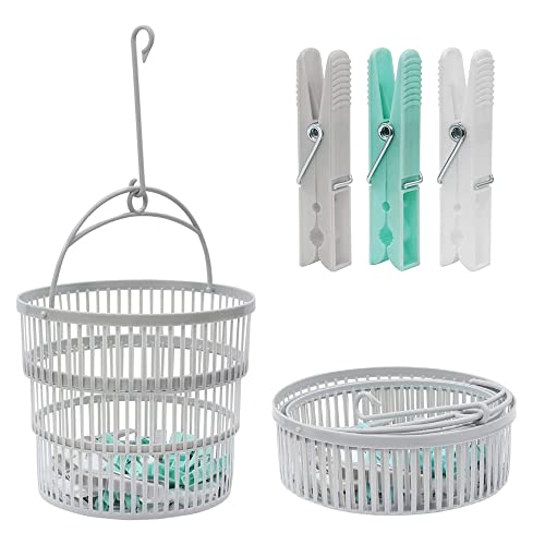 Collapsible Clothes Peg Basket for Washing Line with Hanger & 50 Pcs Multicoloured Clothes Pegs for Washing Line Strong and Durable Plastic Washing Pegs for Heavy Laundry
