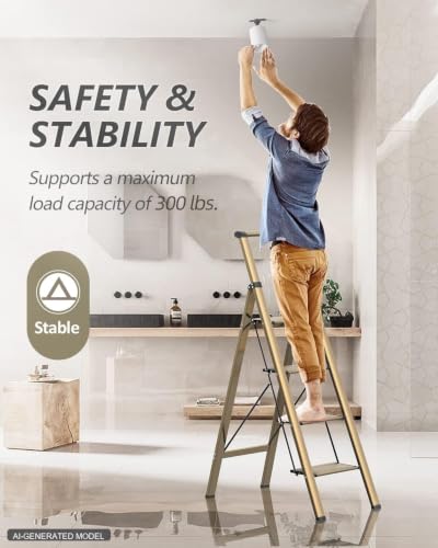 Image of SOLADDER 4 Step Ladder, Lightweight Folding Step Stool, Brown Gold