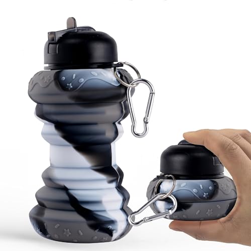 Image of Kuber Industries Pack of 2 Collapsible 600 ml Silicone Water Bottle With Flip Cap | Lightweight & Portable School Water Bottle - Ideal For Travel & Gym | Black