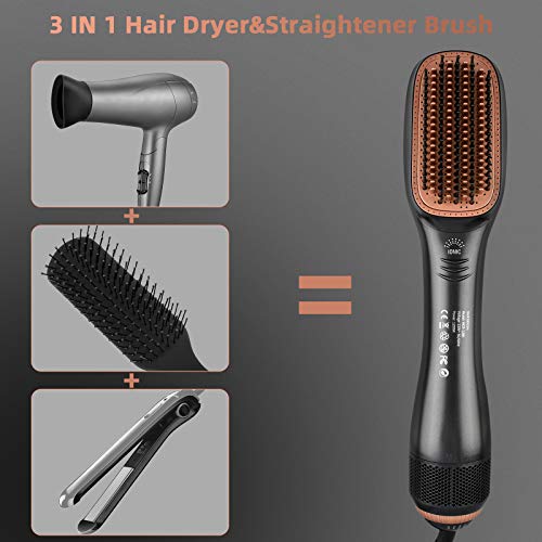 Hair Straightener Brush, 1200W Ionic Straightening Brush with 3 Heat Levels for All Hair Types, 2 in 1 Ceramic Hair Dryer & Straightener Brush for Home,Salon and Travel (Grey Black) - Thumbnail 3