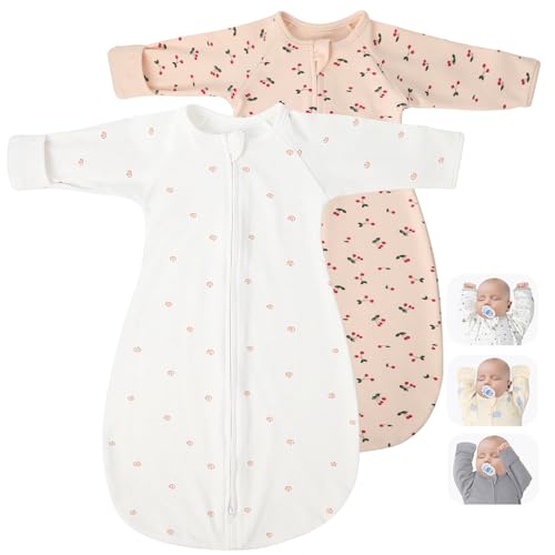 2 Pack Transitional Baby Swadding Sacks with Arms Up Length Sleeves & Mitten Cuffs, Sleeping Sack Bag 2 Ways Zipper, Wearable Swaddle Blanket for Newborns Baby Snug Fit Calms Startle Reflex