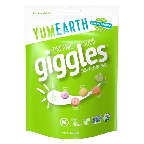 Image of YumEarth Organic Sour Giggles Chewy Candy - Allergy Friendly (Top 9 Free), No Artificial Dyes, Non GMO, Gluten Free, Vegan Candy Snacks - 5 Ounce Bag (Pack of 1)
