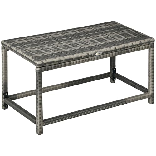 Outsunny Outdoor Coffee Table: Garden PE Rattan Side Table with Plastic Underboard and Full Woven Top for Patio and Balcony in Mixed Grey