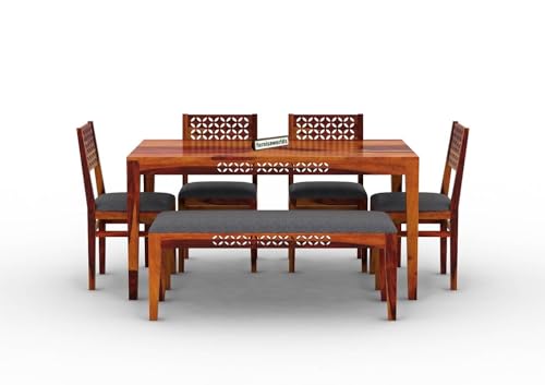 Image of Sheesham Wood 6 Seater Dining Table with Cushion Chair 6 Seater Wooden Dining Room Set Dinner Table Furniture for Living Room Home Restaurant (58x35x29 inch)