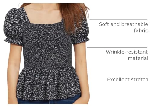 Image of Seechoslo 2025 Tween Girls' Cute Short Sleeve Square Neck Smocked Elastic Short Sleeve Woven Shirt Top