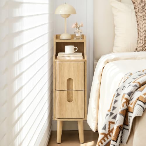 Image of FurSch Narrow Nightstand, Wooden 2 Drawer, Natural, 1 pc