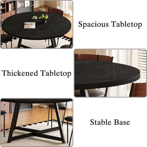 Image of Large Round Dining Table for 6-8, Wooden Dinner Table with Heavy Duty Metal Pedestal Base, for Kitchen Living Room, Space Saving, 59 Inch, Black