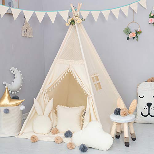 TreeBud Kids Teepee Tent with Padded Mat, Banner, Yarn Ball, Carry Bag, Beige Cotton Canvas Play Tent for Child with Tassels Lace, Play House Tipi for Kids Room Decor - Image 5