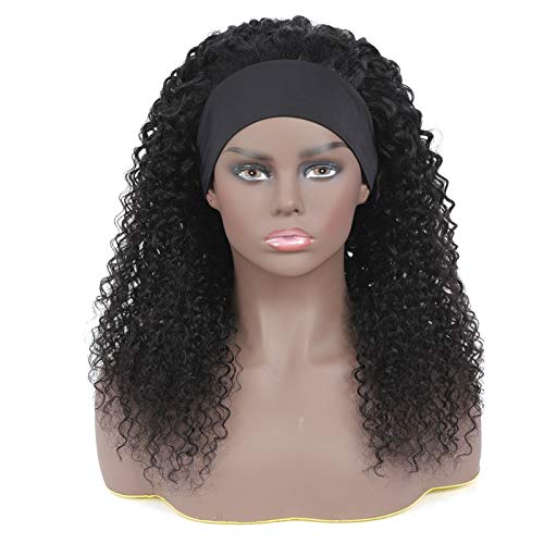 Headband Wig Curly Wigs for Black Women Kinky Curly Glueless None Lace Front Wigs with Headband 150% Density Human Hair Blended Machine Made Wave Natural Color 18 inch