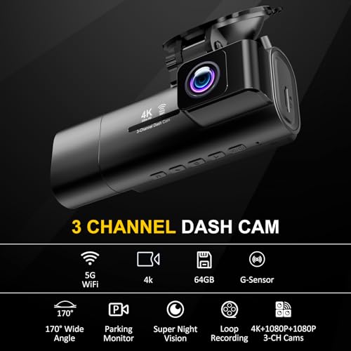 Dash Cam Front and Rear,3 Channel Dash Cam for Car with 5G WiFi, 64GB Card,4K+1080P+1080P Front Inside and Rear Car Dash Camera,3.16âScreen,Night Vision,Loop Recording, G-Sensor, WDR, Parking Mode - Image 3