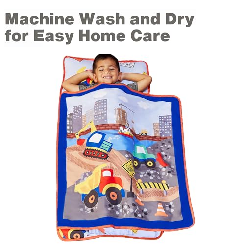 Image of EVERYDAY KIDS Toddler Nap Mat with Removable Pillow -Under Construction- Carry Handle with Fastening Straps Closure, Rollup Design, Soft Microfiber for Preschool, Daycare, Sleeping Bag -Ages 2-4 years