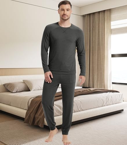 Image of NACHILA Mens Pajamas Set Long Sleeve Henley Sleepwear Top Soft Jogger Pants Pajamas Cool Pjs Set,Viscose Made from Bamboo