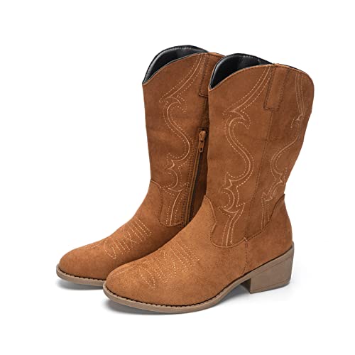 Ophestin Womens Western Cowboy Boots Low Chunky Pointed Toe Embroidery Wide Calf Cowgirl Boots Suede Brown 6.5UK
