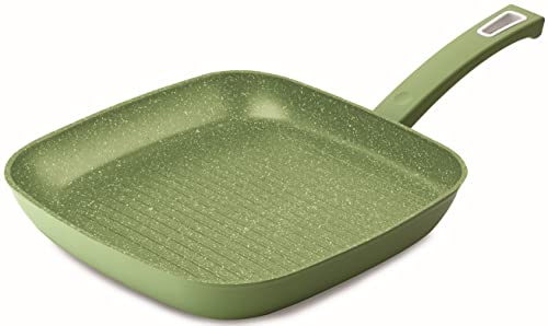 Italian 11" Nonstick Grill Pan For Stove Tops, Granite Coating Square Grill Skillet, Compatible With All Stovetops (Gas, Electric & Induction), Pfoa Free, Green, Made In Italy #TOP12