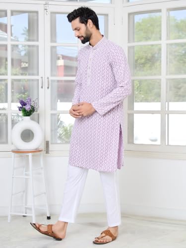 Image of See Designs Men's Full Sleeve Mandarin Collar Embroidered Thread Work Sequinned Rayon Straight Long Kurta - Festive Collection