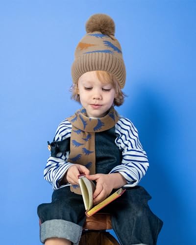 Kids Winter Hat Scarf Set for Boys Girls, Toddler Knit Beanie Hat & Neck Warmer Sets with Warm Fleece Lined Pom2