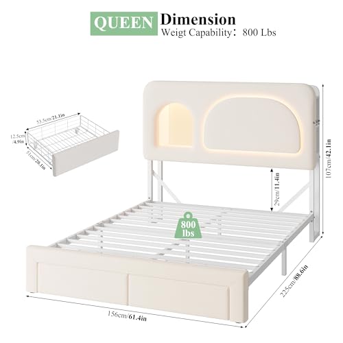 Image of Keyluv Queen Size Smart LED Bed Frame with Storage Bookcase Headboard & Charging Station Velvet Upholstered Platform Bed with 2 Drawers & USB Ports, Sturdy Metal Support, No Box Spring Required, Beige