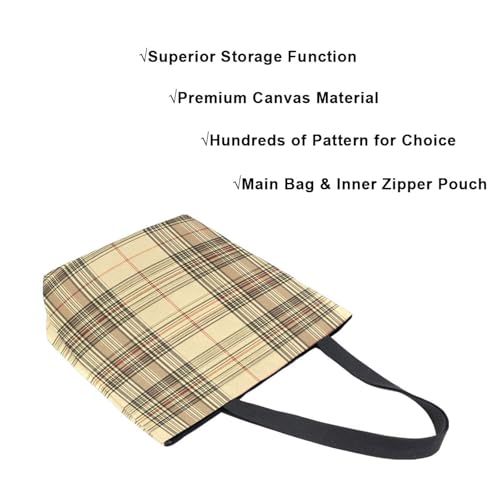 Extra Large Shoulder Tote Bag for Beach Travel Weekender Gym Beige Brown Plaid Checkered Reusable Grocery Canvas Shopping Bag4