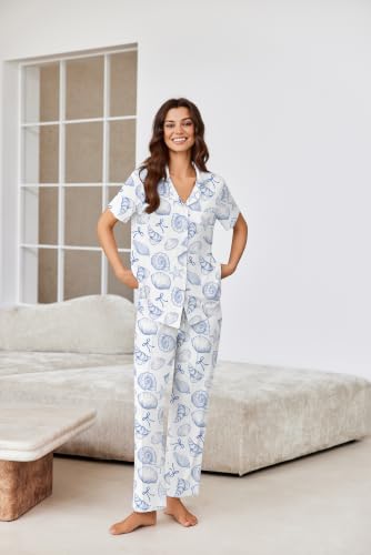 Image of Ekouaer Pajamas for Women Set Button Up Short Sleeve Pjs Sets With Pockets | Soft Womens Sleepwear,V Neck,Notch Collar,2 Piece Classic Loungewear With Long Pant for Sleep,Lounge,Fall