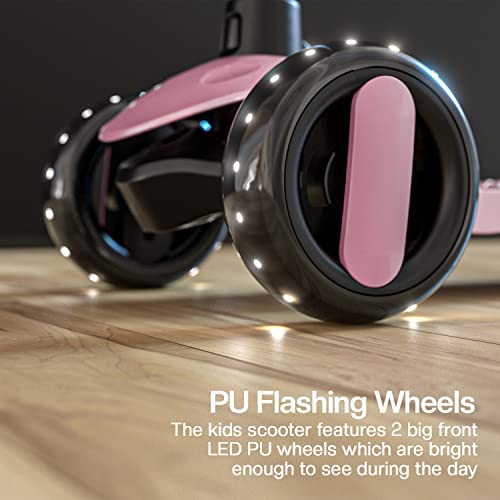 Image of Baybee Alpha-Glide 3 Wheel Scooter for Kids - Foldable & Height Adjustable Handle, LED PU Wheels & Brake - Ages 2-10 Years (Light Pink)