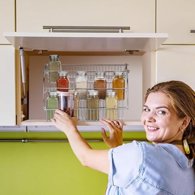 3-Tier Drop-Down Spice Rack - Step-Style Storage Rack, Retractable Organizer for Spice Containers & Seasoning Jars, Suitable for 15¡± Wall Cabinet Openings (argent)