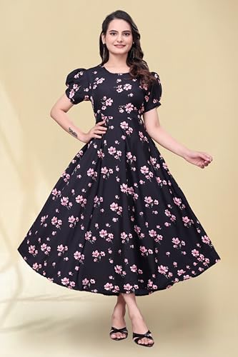 Image of Women's A-Line Crepe Maxi Dress | Stylish Fit and Flare Dress with Round Neck Short Puff Sleeves for Casual Wear