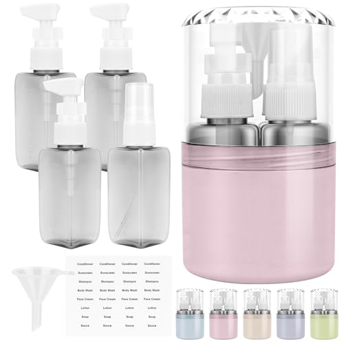 4-in-1 Reisespender Set 4 x 50 ml dunkle Reiseflaschen zum Befüllen im Hartschalen-Etui inkl. 3 Pumpspender + 1 Sprühflasche auslaufsicher für Shampoo und Kosmetik ideal für Handgepäck&Flugreisen