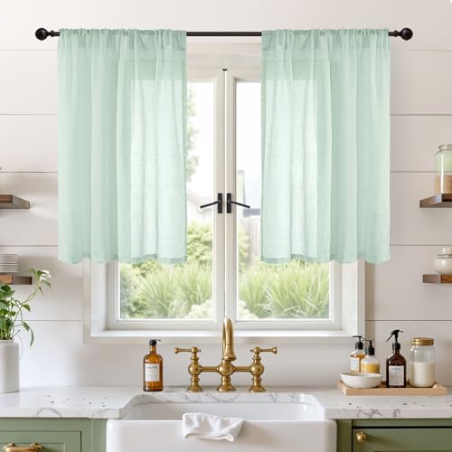 Image of BGment Sage Green Linen Curtains 36 Inch Length for Kitchen Window - Small Drapes Light Filtering for Cafe Bathroom Decorative Lightweight Natural Rustic Rod Pocket, 2 Panels Set, 42 X 36 Inch
