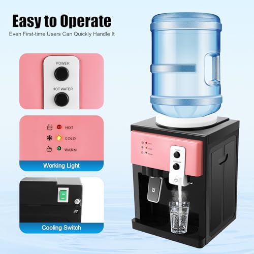Image of Top Loading Hot & Cold Water Dispenser - Desktop Electric Cooler with 3 Temperature Settings, Fits 1.1-4.9 Gal Bottles, 575W Fast Heating & Cooling, for Home, Office, Kitchen, Bedroom (Pink)